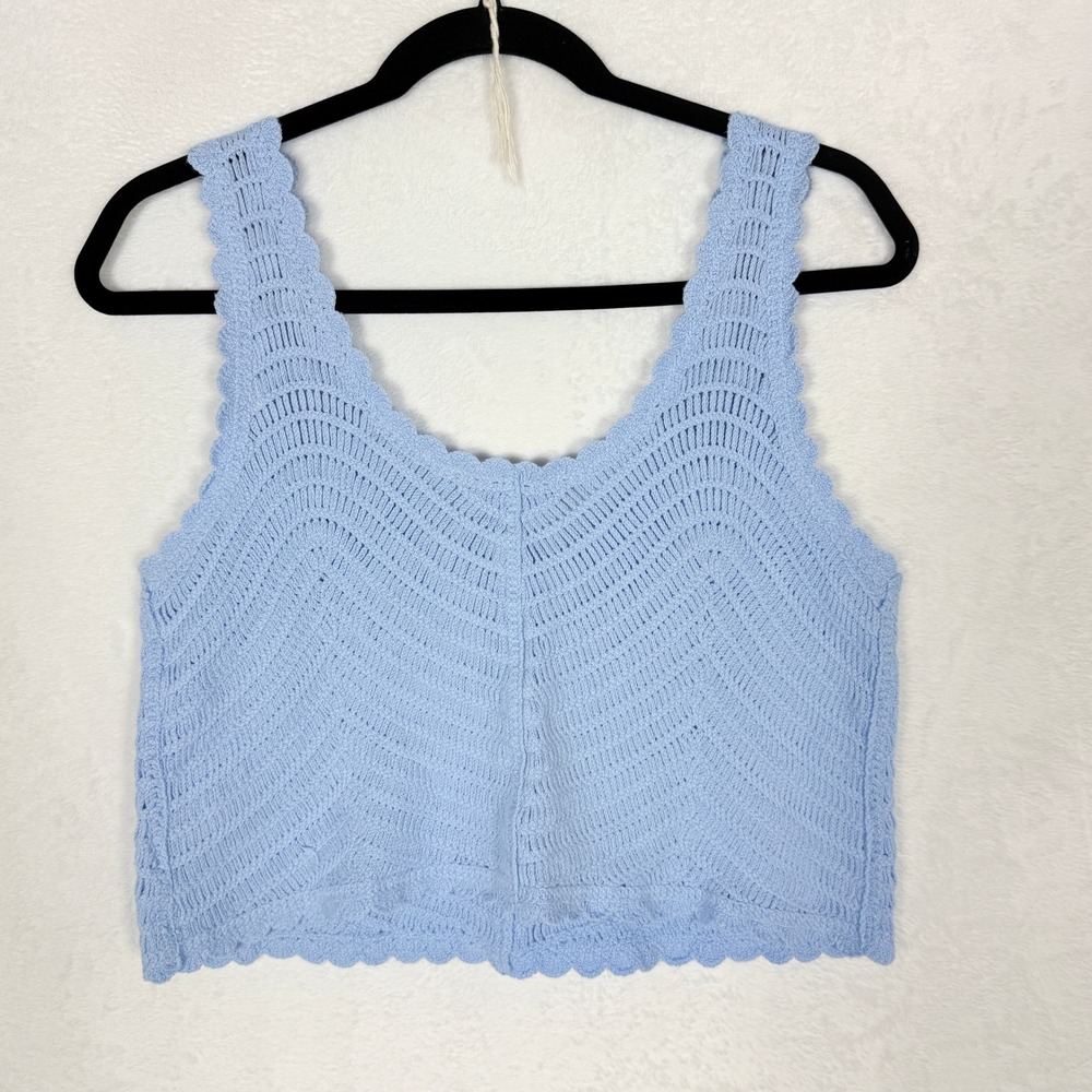 Blue Crochet Knit Daisy Floral Tank Top Scalloped Cropped Grandma Coastal Med - Picture 3 of 7